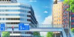 blue_sky building city cityscape cloud commentary_request fence isbeyvan japan lamppost no_humans original outdoors pedestrian_bridge road_sign scenery sign sky traffic_light tree window 