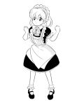  1980s_(style) 1girl apron ascot bobby_socks breasts clenched_hands closed_mouth commentary_request dress frilled_apron frilled_dress frills full_body greyscale happy highres looking_at_viewer maid maid_headdress mary_janes monochrome retro_artstyle ruukoto shoes short_hair simple_background small_breasts smile socks standing takemoto_izumi_(style) touhou touhou_(pc-98) white_background yatyou 