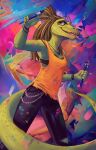  abstract_background absurd_res anthro bra breasts claws clothed clothing digital_media_(artwork) female fingers hair hi_res holding_object jakeseeker lizzard looking_at_viewer open_mouth shirt simple_background smile solo standing teeth tongue tongue_out topwear underwear 