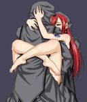  1girl 2boys anal barefoot brown_eyes clothed_male_nude_female double_penetration earring earrings erza_scarlet fairy_tail feet hair_over_one_eye hug jewelry leg_lock long_hair multiple_boys nude photoshop red_hair sex shunzou tattoo vaginal 