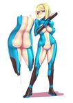  ass blonde_hair blue_eyes breasts cleavage gun large_breasts metroid pubic_hair revealing_clothes samus_aran skin_tight solo thighs weapon xxzero zero_suit 