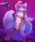  anthro blue_body blue_fur blue_hair bottomwear breasts canid canine cleavage clothed clothing female fur hair hi_res jewelry krystal loincloth mammal necklace necromeowncer nintendo solo staff star_fox video_games 