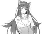  1girl :3 absurdres animal_ear_fluff animal_ears arms_behind_back artist_name bangs black_hairband blush breasts cat_ears chest_strap coat collared_shirt counter:side cropped_jacket eyebrows_visible_through_hair fake_animal_ears greyscale hair_between_eyes hair_ornament hairband head_tilt highres large_breasts long_hair long_sleeves looking_at_viewer maett monochrome seo_yoon shirt sidelocks snap-fit_buckle solo upper_body white_background 