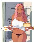  bacon blush breasts dark-skinned_female dark_skin earrings egg english_text food frown green_eyes highres jewelry kitchen large_breasts messy_hair midriff_peek navel no_bra ohasi omelet original outside_border pancake panties pink_(ohasi) pink_hair sausage shirt slipping_top striped striped_panties thick_thighs thighs trash_can underwear utensil_in_mouth white_shirt 