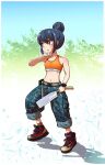  1girl blue_hair camouflage full_body hair_bun highres jyagi_naoki midriff nata_(tool) pants pants_rolled_up pink_eyes shima_rin solo sports_bra watch wristwatch yurucamp 