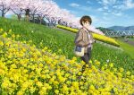  1boy 1girl bag black_pants blue_sky bridge brown_eyes brown_hair brown_jacket bug butterfly camera cherry_blossoms closed_mouth cloud field flower flower_field grass highres holding holding_camera jacket looking_at_viewer open_clothes open_jacket original pants papi_(papiron100) rapeseed_blossoms shirt short_hair shoulder_bag sky smile solo_focus spring_(season) tree white_shirt 