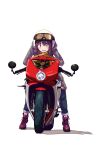  1girl brown_hair goggles goggles_on_headwear ground_vehicle helmet highres jacket jyagi_naoki long_hair looking_at_viewer motor_vehicle motorcycle motorcycle_helmet smile solo toki_ayano vehicle_request white_background yurucamp 