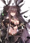  1girl absurdres bangs bare_shoulders black_feathers blush breasts brown_hair cleavage cup drinking_glass fate/apocrypha fate/grand_order fate_(series) highres large_breasts long_hair looking_at_viewer pointy_ears semiramis_(fate) sidelocks slit_pupils solo ura_illust very_long_hair yellow_eyes 