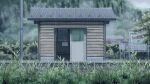  abandoned bench building commentary_request forest grass grey_sky highres isbeyvan japan nature night no_humans original outdoors rain scenery train_station tree utility_pole 
