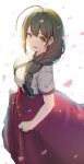  1girl :d absurdres ahoge braid braided_ponytail breasts brown_hair falling_petals high-waist_skirt highres huge_ahoge idolmaster idolmaster_shiny_colors kneeichigo kuwayama_chiyuki large_breasts long_skirt looking_at_viewer looking_to_the_side looking_up petals red_skirt side_ponytail simple_background skirt skirt_hold smile solo white_background 