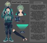  1boy alternate_costume amami_rantarou antenna_hair bangs black_pants brown_background character_name cheer_(cheerkitty14) commentary danganronpa_(series) danganronpa_v3:_killing_harmony detached_sleeves english_text eyebrows_visible_through_hair full_body green_eyes green_hoodie highres hood hoodie jewelry long_sleeves male_focus multiple_views necklace pants respirator shirt shoes short_hair simple_background smile 