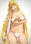  1girl absurdres arm_at_side arm_under_breasts artist_name ass_visible_through_thighs bakemonogatari bangs bikini blonde_hair blurry blush breasts cameltoe cleavage collarbone cowboy_shot depth_of_field doughnut dripping elbow_gloves food gloves groin hair_ribbon halterneck highres holding holding_food kiss-shot_acerola-orion_heart-under-blade large_breasts long_hair monogatari_(series) mouth_hold navel pointy_ears ribbon senjouhara_nira sideways_glance single_glove skindentation solo string_bikini swimsuit tress_ribbon twitter_username very_long_hair white_background white_bikini white_gloves white_ribbon yellow_eyes yellow_nails 