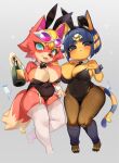  2girls absurdres animal_crossing animal_ears ankha_(animal_crossing) asymmetrical_docking audie_(animal_crossing) bare_shoulders black_bow black_bowtie black_eyes blue_hair blush bottle bow bowtie breast_press breasts cleavage colored_skin detached_collar eyewear_on_head fishnet_legwear fishnets fox_ears fox_girl fox_tail full_body furry furry_female green_eyes grey_background highres holding holding_bottle jovejun large_breasts looking_at_viewer multiple_girls open_mouth pantyhose playboy_bunny short_hair simple_background standing sunglasses tail thick_thighs thighhighs thighs white_legwear yellow_skin 