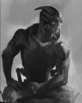  alien bodypaint face_paint gigachad hi_res looking_aside male malorne mass_effect monochrome nude sitting solo teeth turian video_games 