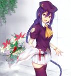  1girl ascot bangs blurry blurry_background bouquet braid hair_between_eyes highres holding holding_bouquet iro_(sekaixiro) long_hair looking_at_viewer melty_blood open_mouth outdoors pleated_skirt purple_eyes purple_hair purple_shirt shirt short_sleeves single_braid sion_eltnam_atlasia skirt solo standing tsukihime type-moon very_long_hair white_skirt yellow_ascot 