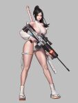  1girl absurdres bare_legs black_hair breasts cleavage clogs green_eyes grey_background gun highres holding holding_gun holding_weapon jungon_kim katana large_breasts long_hair looking_at_viewer original ponytail rifle simple_background sniper sniper_rifle solo sword thighs warrior weapon 