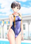  1girl absurdres black_hair blue_sky blurry blurry_background breasts brown_eyes cloud commentary_request competition_swimsuit covered_navel cowboy_shot day highres multicolored_clothes multicolored_swimsuit one-piece_swimsuit original outdoors purple_swimsuit short_hair sky small_breasts solo standing string_of_flags swimsuit takafumi 