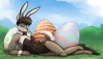  anthro bunny_costume canid canine canis clothed clothing costume domestic_dog easter easter_egg egg fake_ears fake_rabbit_ears henryk hi_res holidays legwear looking_at_viewer male mammal otakuap solo 