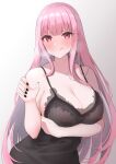  1girl absurdres argule0901 bangs bare_shoulders blush breasts camisole cleavage hair_between_eyes highres hololive large_breasts licking long_hair mori_calliope nail_polish nipples pink_hair red_eyes simple_background smile solo virtual_youtuber 