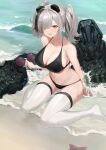  1girl absurdres animal_ears arknights bare_shoulders beach bikini black_bikini black_hair breasts cleavage collarbone commission fang feater_(arknights) grey_hair hair_over_one_eye highres holding holding_eyewear large_breasts mechanical_arms medium_hair molyb multicolored_hair no_shoes open_mouth panda_ears sitting soaking_feet solo streaked_hair sunglasses swimsuit thighhighs twintails wariza water white_legwear yellow_eyes 