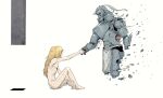  2boys absurdres alphonse_elric armor blonde_hair completely_nude disintegration edward_elric emaciated from_side fullmetal_alchemist han_gong helmet highres holding_hands long_hair multiple_boys nude pelvic_curtain plume simple_background smile spoilers white_background 