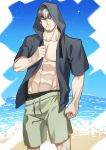  1boy abs bara beach closed_mouth commentary_request facial_hair green_eyes highres hood hoodie male_focus mature_male muscular muscular_male one_eye_closed open_clothes original shorts solo stubble yoshinaga_haru 