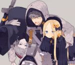  1boy 2girls abigail_williams_(fate) bangs black_bow black_dress black_headwear blonde_hair blue_eyes blush bow breasts carrying carrying_person dress fate/grand_order fate/grand_order_arcade fate_(series) forehead glasses green_eyes grey_hair grey_jacket hair_bow hat hood hood_up hooded_jacket jacket jacques_de_molay_(foreigner)_(fate) jacques_de_molay_(saber)_(fate) large_breasts long_hair long_sleeves looking_at_viewer moruka_(karupattyo03) multiple_bows multiple_girls open_clothes open_jacket open_mouth orange_bow parted_bangs polka_dot polka_dot_bow ribbed_dress short_hair sleeves_past_fingers sleeves_past_wrists small_breasts sword weapon white_jacket 