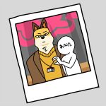  ambiguous_gender anon anthro canid canine clothing coat curtains duo faceless_character fox fuyuki_yamamoto_(odd_taxi) gesture hand_heart id japanese_text kemono kuji_(pixiv_807080) lanyard male mammal neutral_expression odd_taxi polaroid sweater text topwear translated 