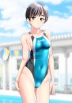  1girl absurdres aqua_swimsuit black_hair blue_sky blurry blurry_background breasts brown_eyes cloud commentary_request competition_swimsuit covered_navel cowboy_shot day highres multicolored_clothes multicolored_swimsuit one-piece_swimsuit original outdoors short_hair sky small_breasts solo standing string_of_flags swimsuit takafumi 