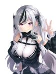  1girl azur_lane bangs bare_shoulders between_breasts black_hair black_legwear breasts closed_mouth commentary cowboy_shot detached_sleeves elbe_(azur_lane) eyebrows_visible_through_hair fang frilled_sleeves frills grey_hair hair_ornament hair_ribbon hand_on_hip highres large_breasts long_bangs long_hair long_sleeves looking_at_viewer multicolored_hair parted_bangs purple_eyes raurashun ribbon shadow silver_hair simple_background skin_fang smile solo two-tone_hair two_side_up w white_background 