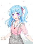  1girl bang_dream! bangs bracelet collarbone eyebrows_visible_through_hair hair_ribbon jewelry light_blue_hair long_hair matsubara_kanon necklace one_side_up open_mouth pink_shirt puffy_short_sleeves puffy_sleeves purple_eyes red_ribbon ribbon shirt short_sleeves smile solo yazawa_happyaro 