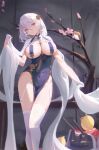  1girl azur_lane bangs braid breast_curtains breasts china_dress chinese_clothes cleavage dress flower garter_straps gloves grey_dress hair_flower hair_ornament half_gloves highres large_breasts looking_at_viewer pelvic_curtain red_eyes revealing_clothes ribbon_between_breasts sansan_(dongfangzhong111) short_hair side_braid sirius_(azur_lane) sirius_(azure_horizons)_(azur_lane) solo thighhighs thighs white_gloves white_hair white_legwear 