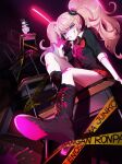  1girl bangs black_footwear black_shirt blood boots bow character_name commentary_request copyright_name danganronpa:_trigger_happy_havoc danganronpa_(series) desk enoshima_junko gaogao_(gaogaomegu) grin high_heel_boots high_heels highres knee_boots long_hair long_sleeves looking_at_viewer miniskirt monokuma necktie pink_blood pink_necktie pleated_skirt red_bow red_skirt school_desk shirt sitting skirt smile standing teeth twintails 