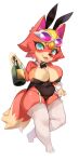  1girl absurdres animal_crossing animal_ears audie_(animal_crossing) black_bow black_bowtie blush bow bowtie breasts cleavage detached_collar eyewear_on_head fake_animal_ears fox_ears fox_girl full_body furry furry_female highres jovejun large_breasts looking_at_viewer playboy_bunny rabbit_ears simple_background solo sunglasses tail thighhighs white_background white_legwear 