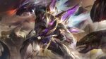  1boy absurdres armor facing_another fighting_stance full_armor glowing highres league_of_legends long_tongue mecha mecha_kingdoms_sett monster open_mouth outdoors sett_(league_of_legends) sharp_teeth solo_focus standing teeth tongue wutu_(1183238220) 