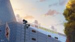  artist_name blue_sky building cityscape cloud english_commentary fence gradient_sky highres horn_speaker instagram_username isbeyvan japan no_humans orange_sky original outdoors reflection scenery sky sunset tree water_tank watermark 