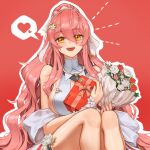  1girl absurdres alternate_costume bare_shoulders bouquet breasts bride counter:side gift heart highres long_hair looking_at_viewer mistcastle official_alternate_costume open_mouth pink_hair ponytail sideboob speech_bubble thighs veronica_(counter:side) yellow_eyes 