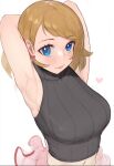  1girl :p armpits arms_behind_head arms_up bangs black_shirt blue_eyes blush breasts brown_hair closed_mouth eyebrows_visible_through_hair gatchan heart highres large_breasts long_hair looking_at_viewer navel pink_skirt pokemon pokemon_(anime) serena_(pokemon) shirt simple_background skirt sleeveless sleeveless_shirt smile solo swept_bangs tongue tongue_out upper_body white_background 