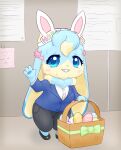 2022 accessory basket blue_body blue_eyes blue_fur blue_pawpads blush bodily_fluids bottomwear bow_ribbon chibi clothed clothing container cubicle dewlap_(anatomy) digital_media_(artwork) dress_shirt dress_shoes easter easter_egg egg female floppy_ears footwear fur hi_res holidays kemono lagomorph leporid long_ears looking_at_viewer lop_ears mammal multicolored_body multicolored_fur nervous nervous_smile office pained_expression pants pawpads pyritie rabbit semi-anthro shirt sofu_(pyritie) solo suit sweat swirl tan_body tan_fur teeth teeth_showing thick_thighs topwear two_tone_body two_tone_fur 