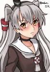  1girl amatsukaze_(kancolle) brown_dress brown_eyes dress hair_tubes kantai_collection lifebuoy_ornament long_hair looking_at_viewer makun_dx one-hour_drawing_challenge sailor_dress silver_hair simple_background smokestack_hair_ornament solo twitter_username two_side_up upper_body white_background windsock 