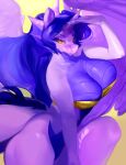  amethystdust_(character) anthro big_breasts bottomless breasts cleavage clothed clothing dragon equid equine feathers female hi_res horn hybrid mammal mighty-whydah purple_body purple_feathers solo winged_unicorn wings 