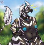  2021 anthro anthrofied belly black_body blue_nipples blue_pussy blurred_background collar collar_only equid female genitals hair hi_res looking_at_viewer mammal nintendo nipples nude outside pok&eacute;ball pok&eacute;ball_collar pok&eacute;mon pok&eacute;mon_(species) pok&eacute;morph portrait pussy saphine slightly_chubby solo stripes thick_thighs three-quarter_portrait video_games white_hair wide_hips zebstrika 