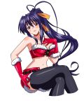  1girl absurdres bare_shoulders belt bustier christmas cowboy_shot elpida-wood english_commentary fur_trim gloves highres ikkitousen kan&#039;u_unchou long_hair looking_at_viewer midriff purple_eyes red_gloves red_shorts shorts simple_background sitting solo thighhighs unzipped very_long_hair white_background 