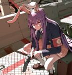  1girl animal_ears blazer chain circle_a expressionless eyebrows_behind_hair gears_of_war gun jacket light long_hair long_sleeves looking_ahead necktie purple_hair rabbit_ears red_eyes reisen_udongein_inaba shadow shoes skirt solo touhou very_long_hair weapon white_legwear 