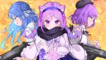  3girls anchor_symbol animal_ear_fluff animal_ears apex_legends assault_rifle black_scarf blue_hair blush breasts cat_ears cat_girl collared_shirt frilled_shirt frills gun highres hitsujisnow holding holding_gun holding_knife holding_weapon hololive hoshimachi_suisei knife licking_lips light_machine_gun medium_breasts minato_aqua multiple_girls purple_eyes purple_hair r-301_carbine rampage_lmg rifle scarf shirt sleeveless sleeveless_shirt tokoyami_towa tongue tongue_out v-shaped_eyebrows virtual_youtuber weapon white_shirt wraith&#039;s_kunai 