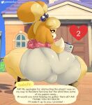  &lt;3 2022 absurd_res animal_crossing anthro canid canine canis clipboard clothed clothing crouching dialogue digital_media_(artwork) domestic_dog door english_text eyebrows female footwear gammainks hair hi_res isabelle_(animal_crossing) looking_at_viewer looking_back mammal nintendo open_mouth outside rear_view shih_tzu shoes solo text toy_dog video_games 
