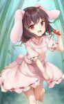  1girl animal_ears bamboo bamboo_forest bangs barefoot brown_hair carrot_necklace dress forest inaba_tewi kedama_milk leg_up looking_at_viewer nature official_art open_mouth outdoors pink_dress rabbit_ears rabbit_tail red_eyes short_hair short_sleeves solo tail third-party_source touhou touhou_cannonball upper_body 