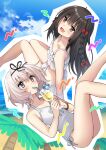  2girls :d bangs bare_arms bare_legs bare_shoulders bendy_straw bikini black_hair black_ribbon blue_sky blush bow braid brown_eyes casual_one-piece_swimsuit cloud cloudy_sky commentary_request cup day drinking_straw eyebrows_visible_through_hair feet_out_of_frame frilled_bikini frills grey_eyes grey_hair hair_between_eyes hair_bow hair_ribbon hanamura_hinako highres holding holding_cup horizon kitanai_kimi_ga_ichiban_kawaii long_hair multiple_girls ocean one-piece_swimsuit outdoors outline pacifier palm_tree red_bow ribbon sezaki_airi sky smile somechime_(sometime1209) swimsuit tree water white_bikini white_outline white_swimsuit 