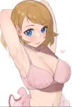  1girl :p armpits arms_behind_head arms_up bangs black_shirt blue_eyes blush bra breasts brown_hair closed_mouth eyebrows_visible_through_hair gatchan heart highres large_breasts long_hair looking_at_viewer navel no_shirt pink_bra pink_skirt pokemon pokemon_(anime) serena_(pokemon) shirt simple_background skirt smile solo swept_bangs tongue tongue_out underwear upper_body white_background 
