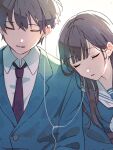  1boy 1girl backlighting closed_eyes collared_shirt couple earphones highres leaning_on_person mele_ck original red_tie school_uniform shirt sleeping sleeping_on_person smile 